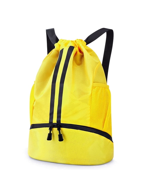 3-Compartment Sports Drawstring Backpack, Water-Resistant Gym Bag with Wet/Dry Separation, Side Pockets & Zipper Pocket, Lightweight Swim Soccer Basketball Sack