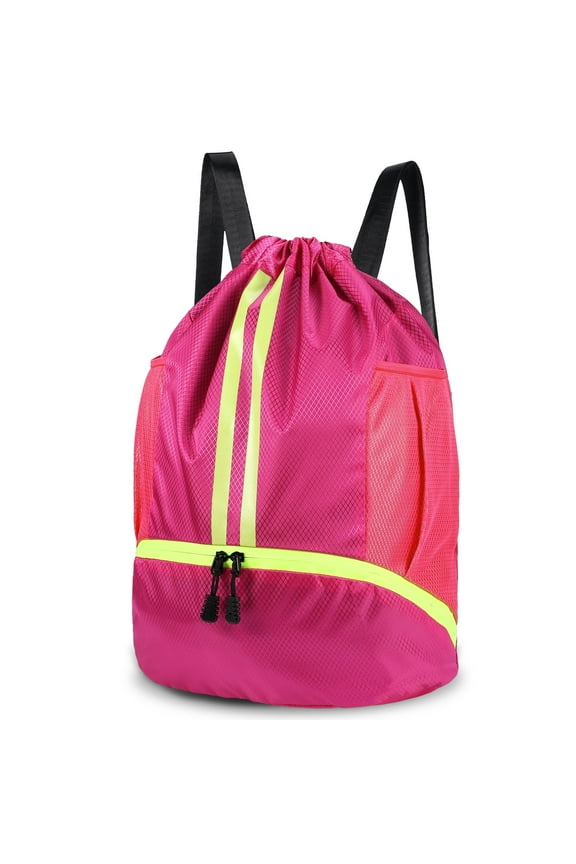 Sports Drawstring Backpack, Waterproof Gym Backpack, Swim Bag with Shoes Compartment, Pull String Sport Bag for Soccer and Basketball