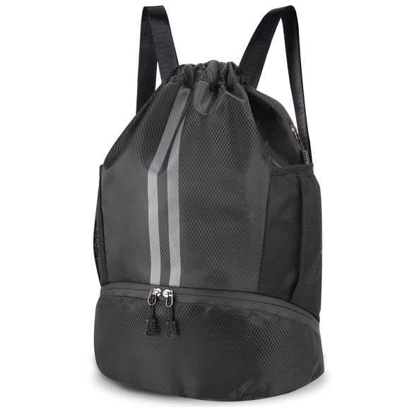 Bocaoying 3-Compartment Sports Drawstring Backpack, Water-Resistant Gym Bag with Wet/Dry Separation, Side Pockets & Zipper Pocket, Lightweight Swim Soccer Basketball Sack