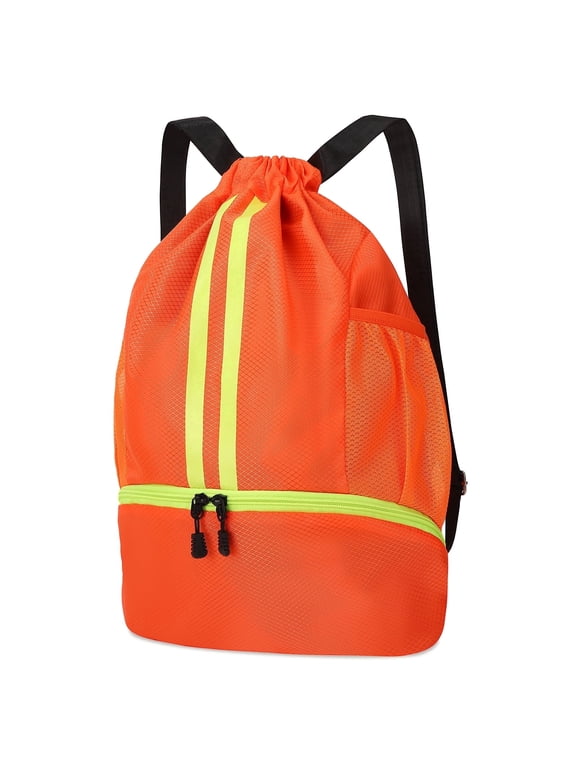 3-Compartment Sports Drawstring Backpack, Water-Resistant Gym Bag with Wet/Dry Separation, Side Pockets & Zipper Pocket, Lightweight Swim Soccer Basketball Sack