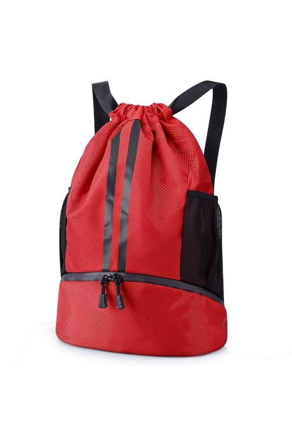 3-Compartment Sports Drawstring Backpack, Water-Resistant Gym Bag with Wet/Dry Separation, Side Pockets & Zipper Pocket, Lightweight Swim Soccer Basketball Sack