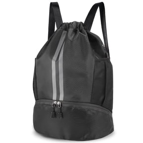 Bocaoying 3-Compartment Sports Drawstring Backpack, Water-Resistant Gym Bag with Wet/Dry Separation, Side Pockets & Zipper Pocket, Lightweight Swim Soccer Basketball Sack