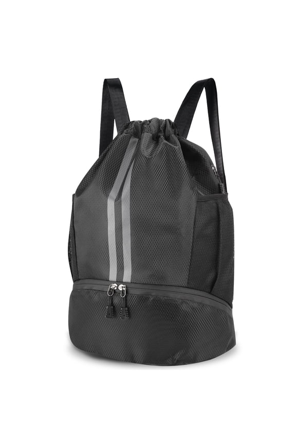 3-Compartment Sports Drawstring Backpack, Water-Resistant Gym Bag with Wet/Dry Separation, Side Pockets & Zipper Pocket, Lightweight Swim Soccer Basketball Sack
