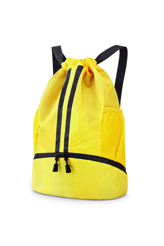 3-Compartment Sports Drawstring Backpack, Water-Resistant Gym Bag with Wet/Dry Separation, Side Pockets & Zipper Pocket, Lightweight Swim Soccer Basketball Sack