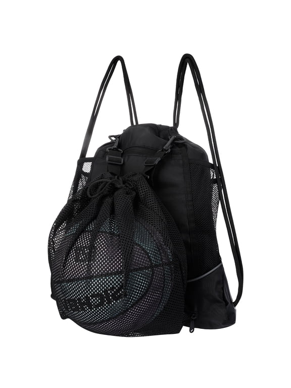 Large Sports Drawstring Backpack, Waterproof Gym Backpack with Detachable Ball Mesh Bag, Foldable Drawstring Bag for Soccer and Basketball