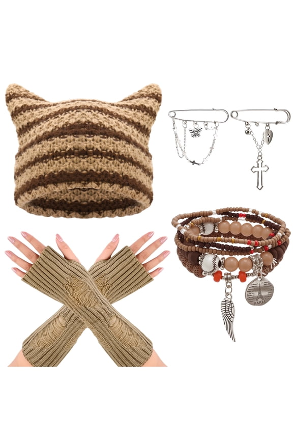 Therian Stuff Y2K Grunge Accessory Set - Therian Beanie (Cat Hat), Fingerless Gloves & Bracelet Bundle for Alt Fashion