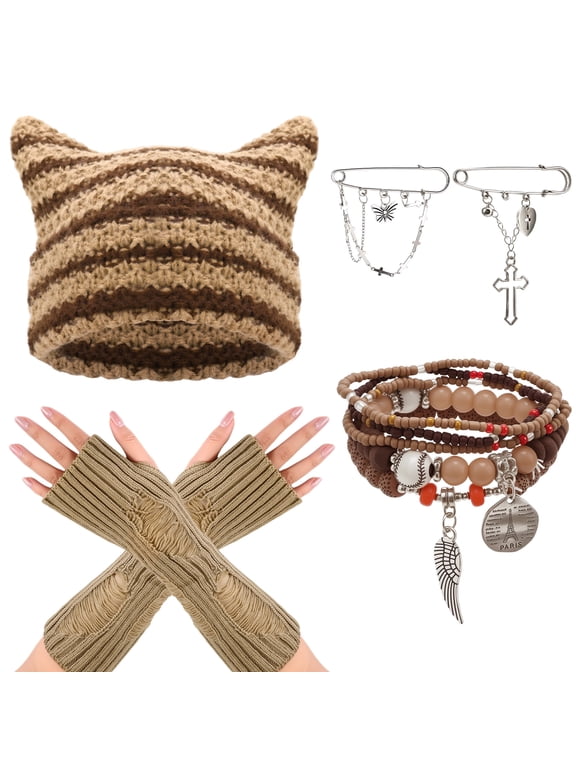 Therian Stuff Y2K Grunge Accessory Set - Therian Beanie (Cat Hat), Fingerless Gloves & Bracelet Bundle for Alt Fashion