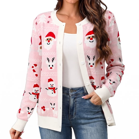 Bocaoying Ugly Christmas Cardigan for Women, Sweater Round Neck Long Sleeve Button Knit Cardigan,  Cute Funny Sweater, Soft Knit Jacket Button Down Cardigan for Women Winter Fall