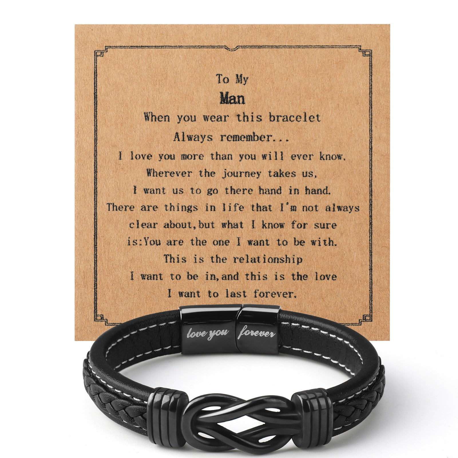 Bocaoying Mens Bracelet to My Man, Leather Bracelets Anniversary Gift for Him, Stainless Steel Infinity Bracelets, Love You Forever Gifts for Husband Son Boyfri