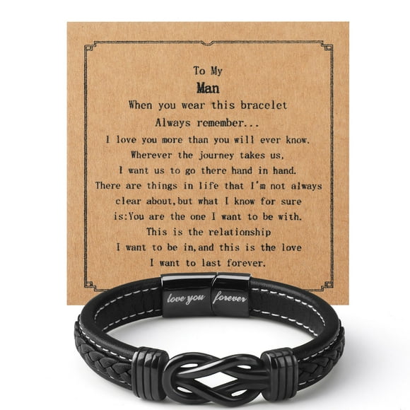 Mens Bracelet to My Man, Leather Bracelets Anniversary Gift for Him, Stainless Steel Infinity Bracelets, Love You Forever Gifts for Husband Son Boyfriend Birthday Gift