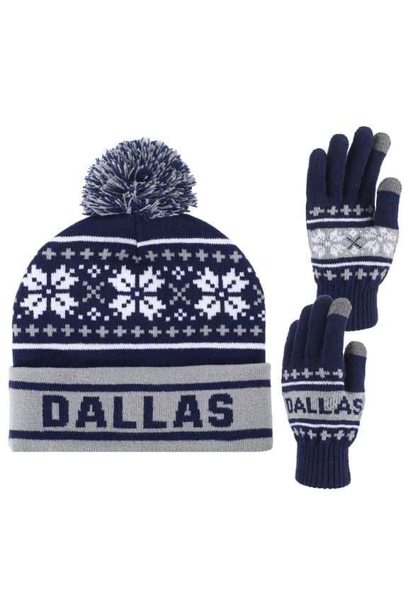 Vintage City Classic Stripes Cap Beanie Hat, DALLAS Printed Cuffed Winter Hat Knit Comes with Warm Gloves Gifts for Men Women Fans