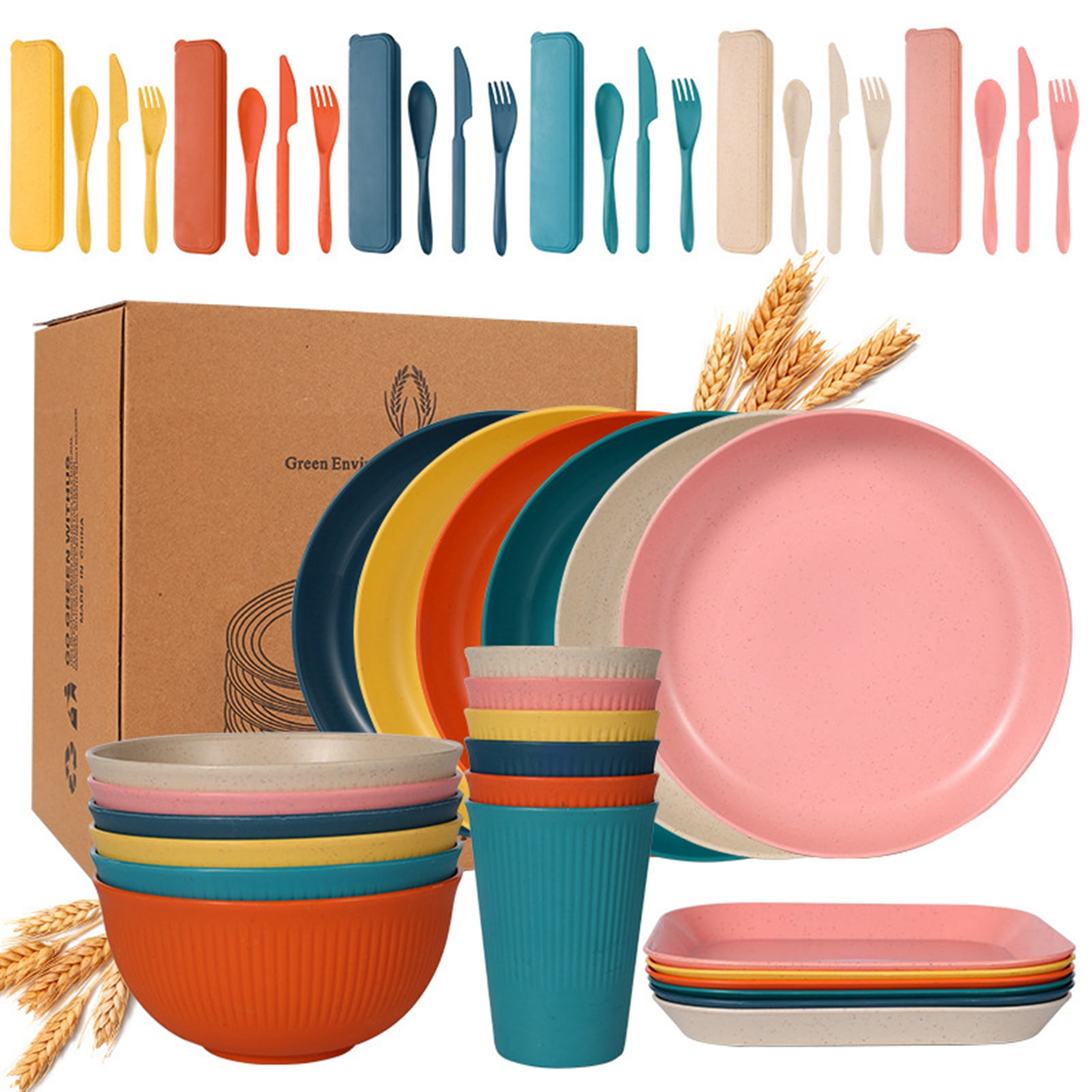 Bocaoying Wheat Straw Dinnerware Set, 54-Piece Lightweight Unbreakable ...