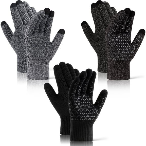 Bocaoying 3 Pairs Winter Gloves for Men Women, Thermal Gloves with 3 Touchscreen Fingers, Driving Gloves with Silicone Anti-Slip Design, Warm Soft Knit Lining Gloves for Cold Weather