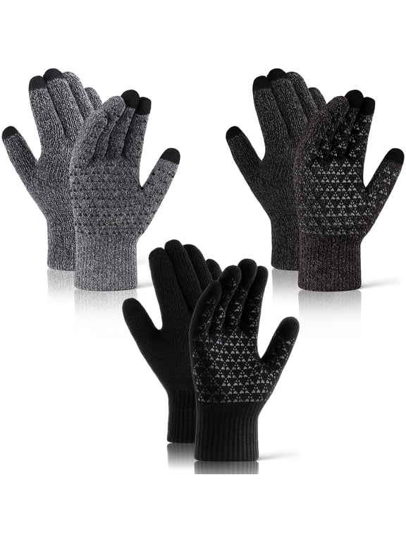 3 Pairs Winter Gloves for Men Women, Thermal Gloves with 3 Touchscreen Fingers, Driving Gloves with Silicone Anti-Slip Design, Warm Soft Knit Lining Gloves for Cold Weather