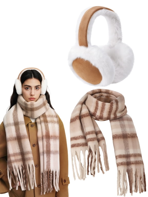 Winter Scarf Ear Muffs Set for Women, Vintage Plaid Cashmere Feel Scarf, Foldable Soft Fluffy Faux Fur Earmuffs, Warm Neck Ear Warmer Gift for Ladies Cold Weather Ski Travel Daily Use