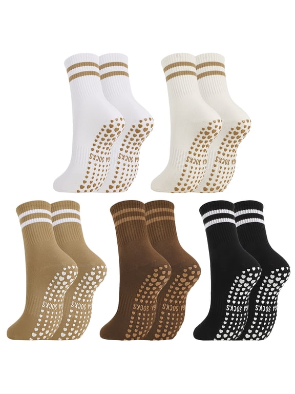 Women’s 5-Pair Non Slip Pilates Socks, Cotton Grip Socks with High-Density Dot Grips, Breathable Yoga Socks for Barre, Trampoline, Studio & Home, Machine Washable, US Size 5.5-10.5