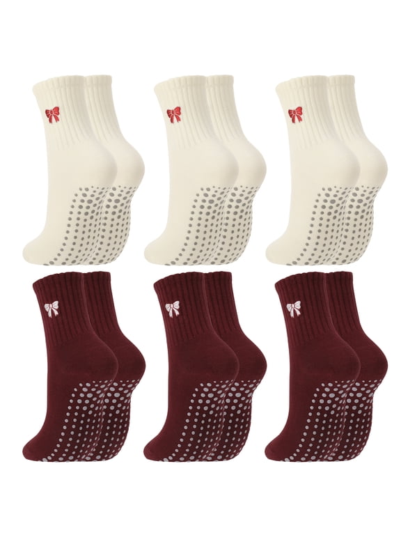 Women's Pilates Grip Crew Socks, Cotton Yoga Socks, Bow-Patterned Ruffled, 6 Pairs, US 5-9, for Fitness Ballet Bar Dance