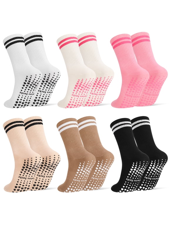 Women's Pilates Socks with Non-Slip Grippers, Yoga Crew Socks, Cotton Grip Socks, 6 Pairs, US 5-9