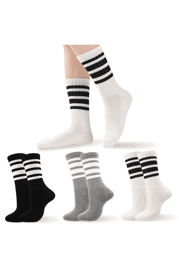 Women's Cotton Crew Socks, Moisture Wicking Athletic Training Cushion Socks, Striped Gym Socks,  3-Pack