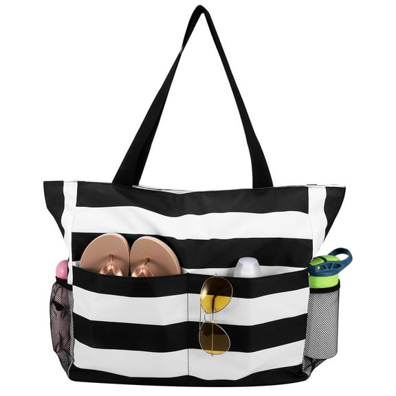 Bocaoying Women's Beach Bag, Waterproof Sandproof Beach Tote Bag, Large Beach Bag Featuring Back Zipper with 2 Mesh Side Pockets for Women's Essentials