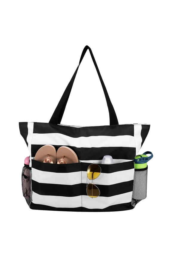 Women's Beach Bag, Waterproof Sandproof Beach Tote Bag, Large Beach Bag Featuring Back Zipper with 2 Mesh Side Pockets for Women's Essentials