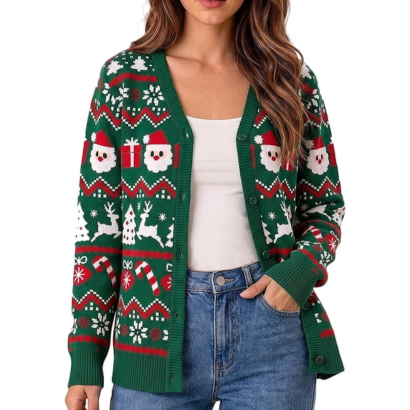 Bocaoying Women’s Ugly Christmas Cardigan Sweaters, Long Sleeve Button Down Open Front Casual Warm Funny Knit Sweater for Fall and Winter