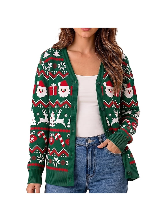 Women’s Ugly Christmas Cardigan Sweaters, Long Sleeve Button Down Open Front Casual Warm Funny Knit Sweater for Fall and Winter