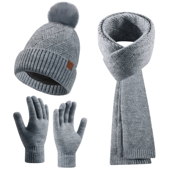Bocaoying Women's Winter Hat Scarf Gloves Set - Knit Beanie with Pom Pom Thermal Lined Touchscreen Gloves & Long Wrap Scarf 3-PcsCold Weather Gift For Women