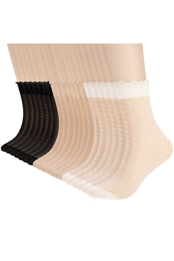 Womens Sheer Ruffle Socks, 20 Pairs Lightweight Nylon Summer Lace Trim Sock, Nude-Black-White