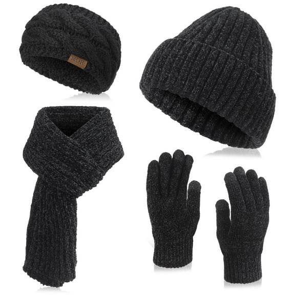 Bocaoying Womens Winter Beanie Hat Scarf Gloves Headband Set, Ribbed Beanie Ear Warmer Knit Scarf Touchscreen Gloves with Warm Linner 4 Gift Set