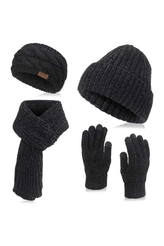 Womens Winter Beanie Hat Scarf Gloves Headband Set, Ribbed Beanie Ear Warmer Knit Scarf Touchscreen Gloves with Warm Linner 4 Gift Set