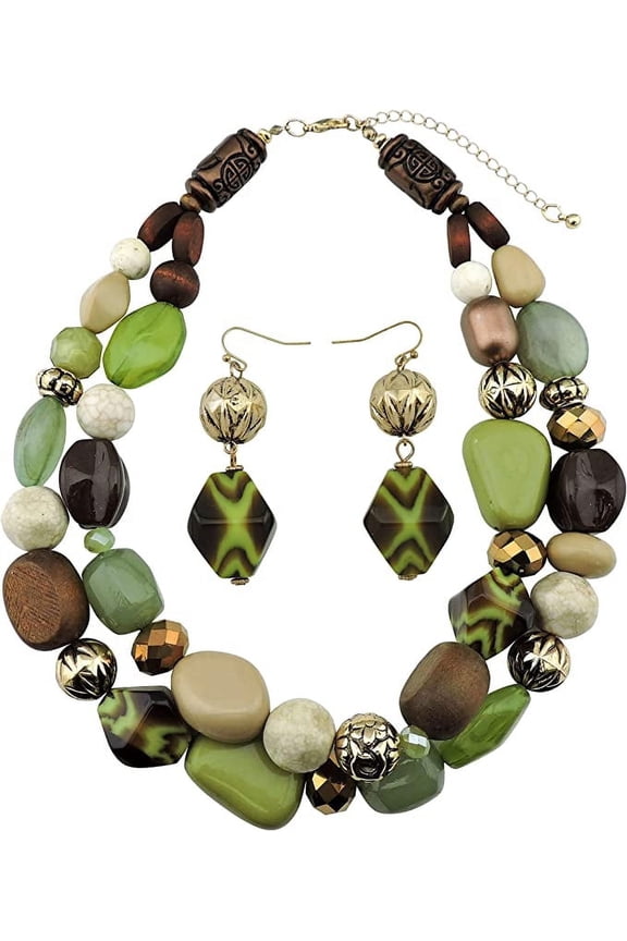 Chunky Necklaces for Women Trendy, 2 Layer Statement Necklace Fashion Collar Necklace, Handmade Costume Jewelry Women Gifts (NK-10384-Olive-Set)