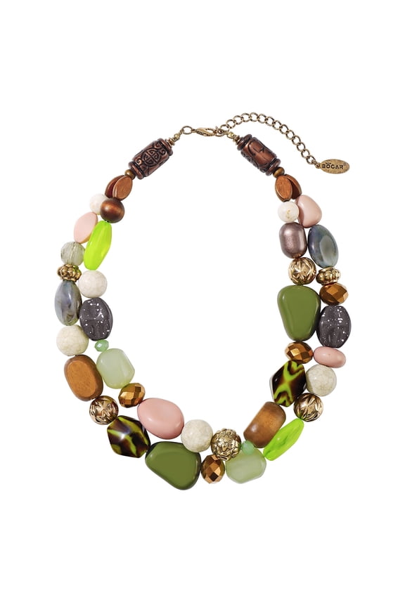 Boho Chunky Beaded 2 Layer Statement Necklace, 18" Adjustable Bead Necklace Collar Necklace for Women Daily Party Jewelry (NK-10384-Olive)