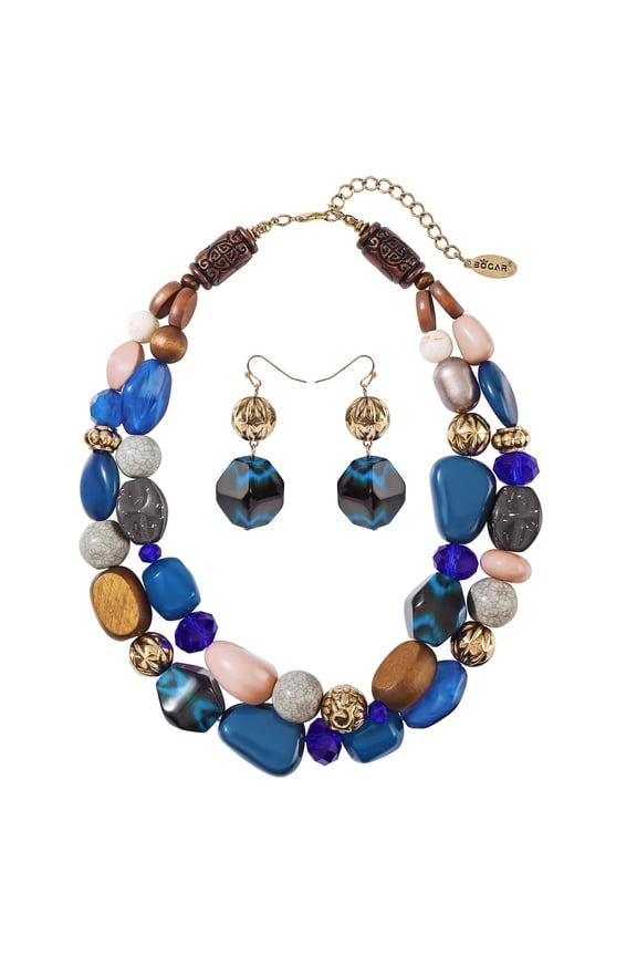 Chunky Necklace for Women Trendy, 2 Layer Statement Necklace Beaded Necklaces for Women, Fashion Necklace and Earrings Jewelry Set for Women Gifts (NK 10384 brown set)