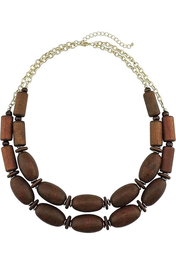 2 Layer Statement Chunky Wood Beaded Fashion Collar Necklace for Women (NK-10574)