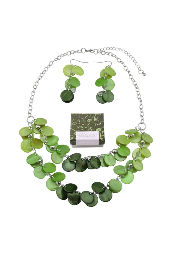 2 Layer Statement Collar Shell Necklace and Earring Set for Women Gift, 18.5in, Green