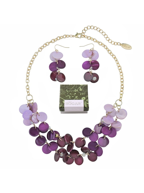 2 Layer Statement Collar Shell Necklace and Earring Set for Women Gift, 18.5in, Purple