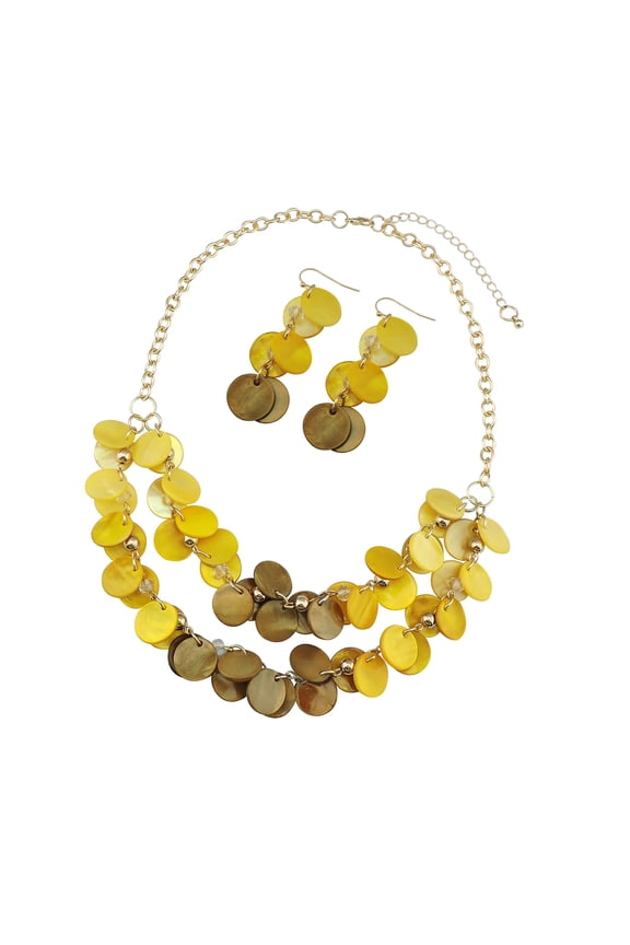 2 Layer Statement Collar Shell Necklace and Earring Set for Women Gift, 18.5in, Yellow
