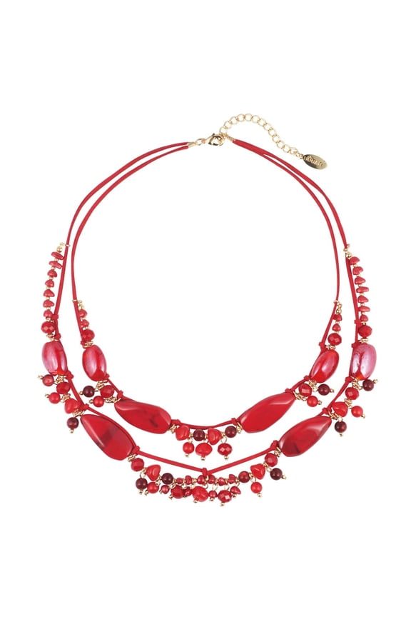 2 Layer Statement Pendant Necklace Strand Beaded 22.5" Necklace for Women (NK-10538-Red)