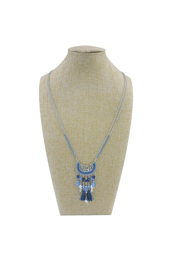 2 Layers Chain Beaded Tassels Charm Pendant Long Statement Necklace for Women (N0012), Metal Glass Resin, not known