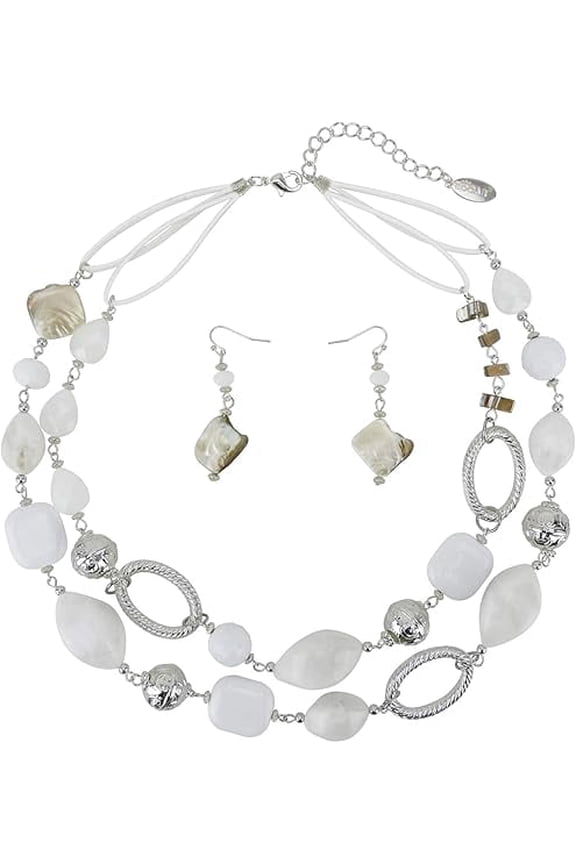 2 Strand Statement Choker Shell Necklace and Earring Set for Women Gift