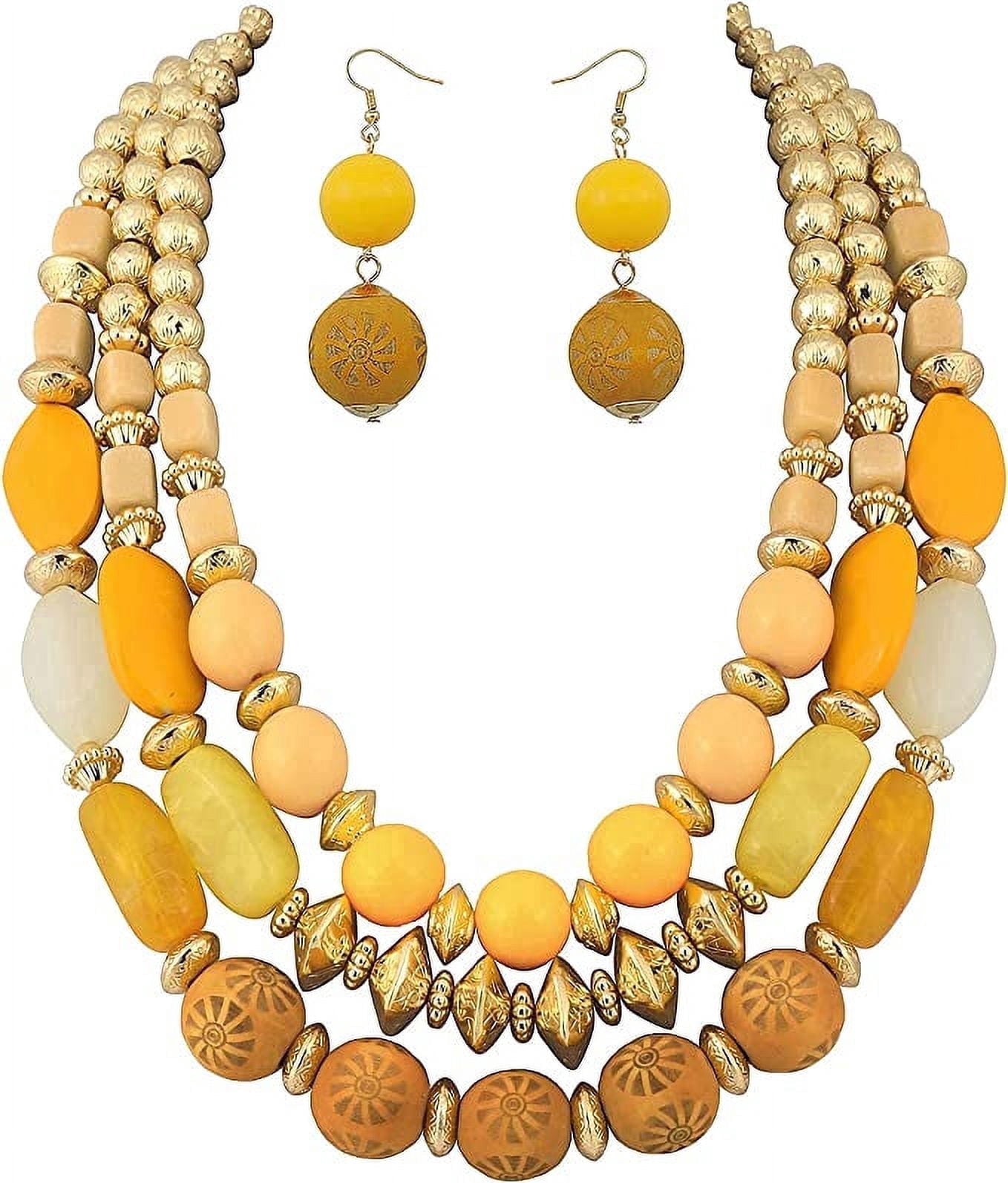 Bocar 3 Layer Chunky Statement Beaded Necklace and Earrings Set, Fashion Multi Layer Women Collar Necklace Jewelry Set (NK-10625-Amber Yellow Set)