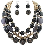 Bocar 3 Layer Chunky Statement Beaded Necklace and Earrings Set, Fashion Multi Layer Women Collar Necklace Jewelry Set NK-10625-Black Set