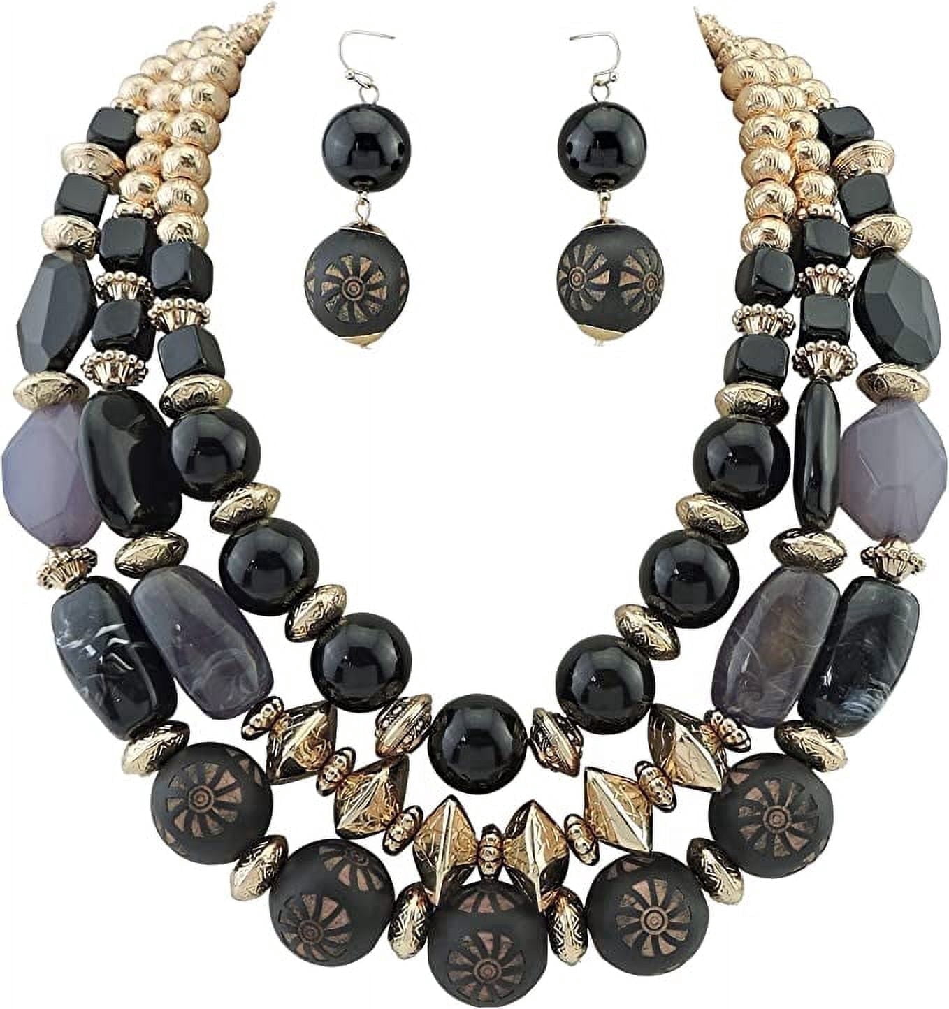 Bocar 3 Layer Chunky Statement Beaded Necklace and Earrings Set, Fashion Multi Layer Women Collar Necklace Jewelry Set (NK-10625-Black Set)