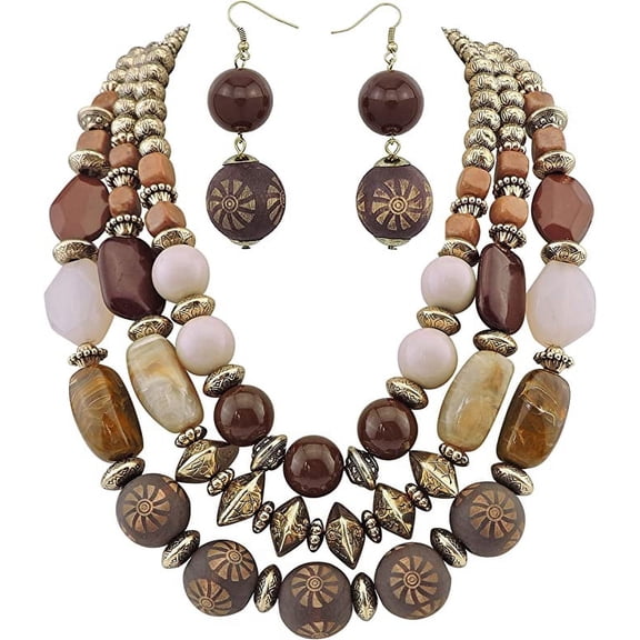 [Clearance] Bocar 3-Layer Chunky Bohemian Style Women's Jewelry Set, Christmas Gift, with Carved Wooden Beads, 24 Inches, Brown