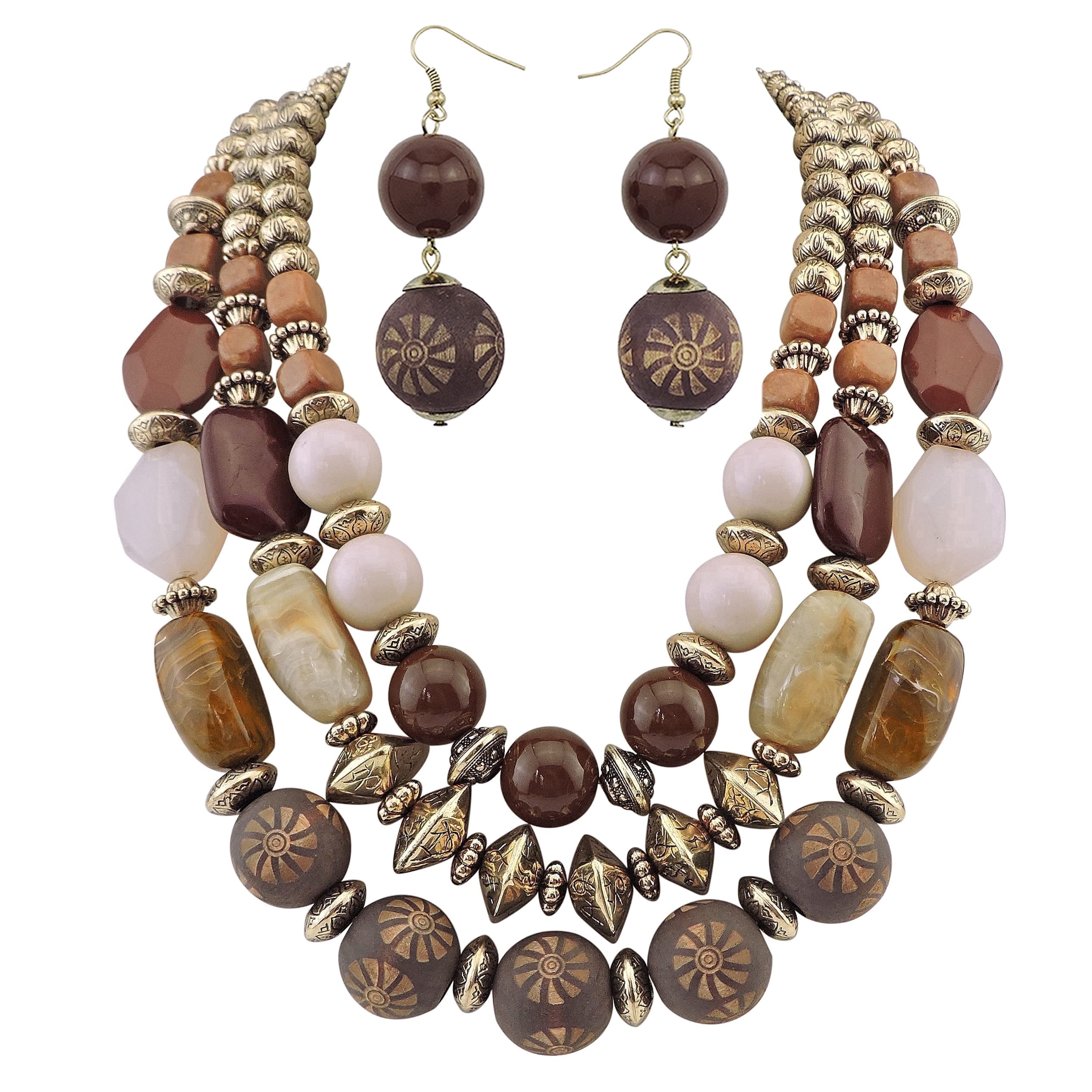 Bocar 3 Layer Chunky Statement Beaded Necklace and Earrings Set, Fashion Multi Layer Women Collar Necklace Jewelry Set (NK-10625-Brown Set)