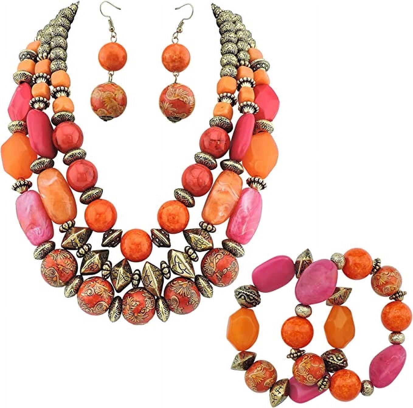 Bocar 3 Layer Chunky Statement Beaded Necklace and Earrings Set, Fashion Multi Layer Women Collar Necklace Jewelry Set (NK-10625-Pink Red Set)