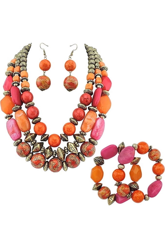3 Layer Chunky Statement Beaded Necklace and Earrings Set, Fashion Multi Layer Women Collar Necklace Jewelry Set (NK-10625-Pink Red Set)
