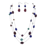 Bocar 3-Layer Illusion line Long Necklace Earrings Set Ladies Green Beads N0006Royal_blue___purple