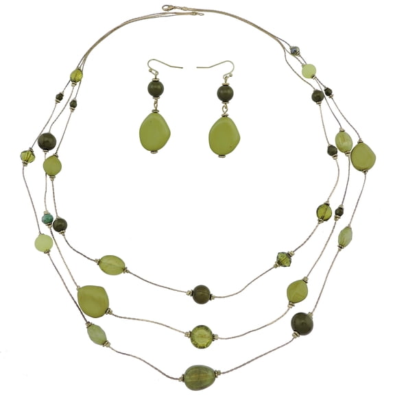 Bocar 3-Layer Illusion line Long Necklace Earrings Set Ladies Green Beads (N0008)